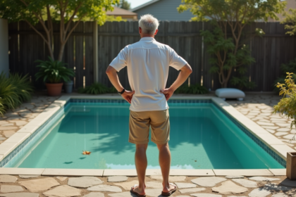 Homme d'âge moyen observant une piscine abandonnée