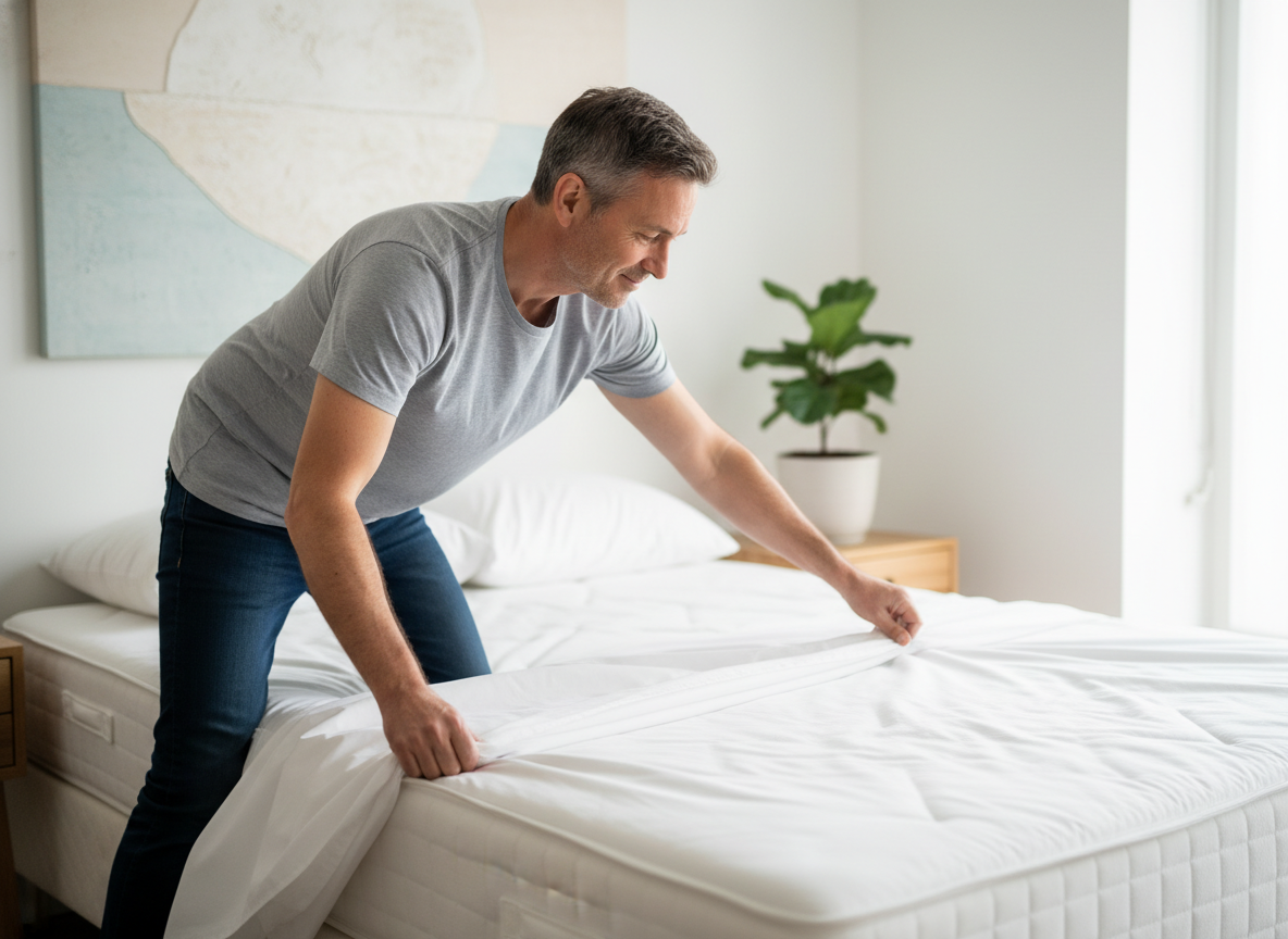 Homme arrangeant un lit dans un appartement moderne