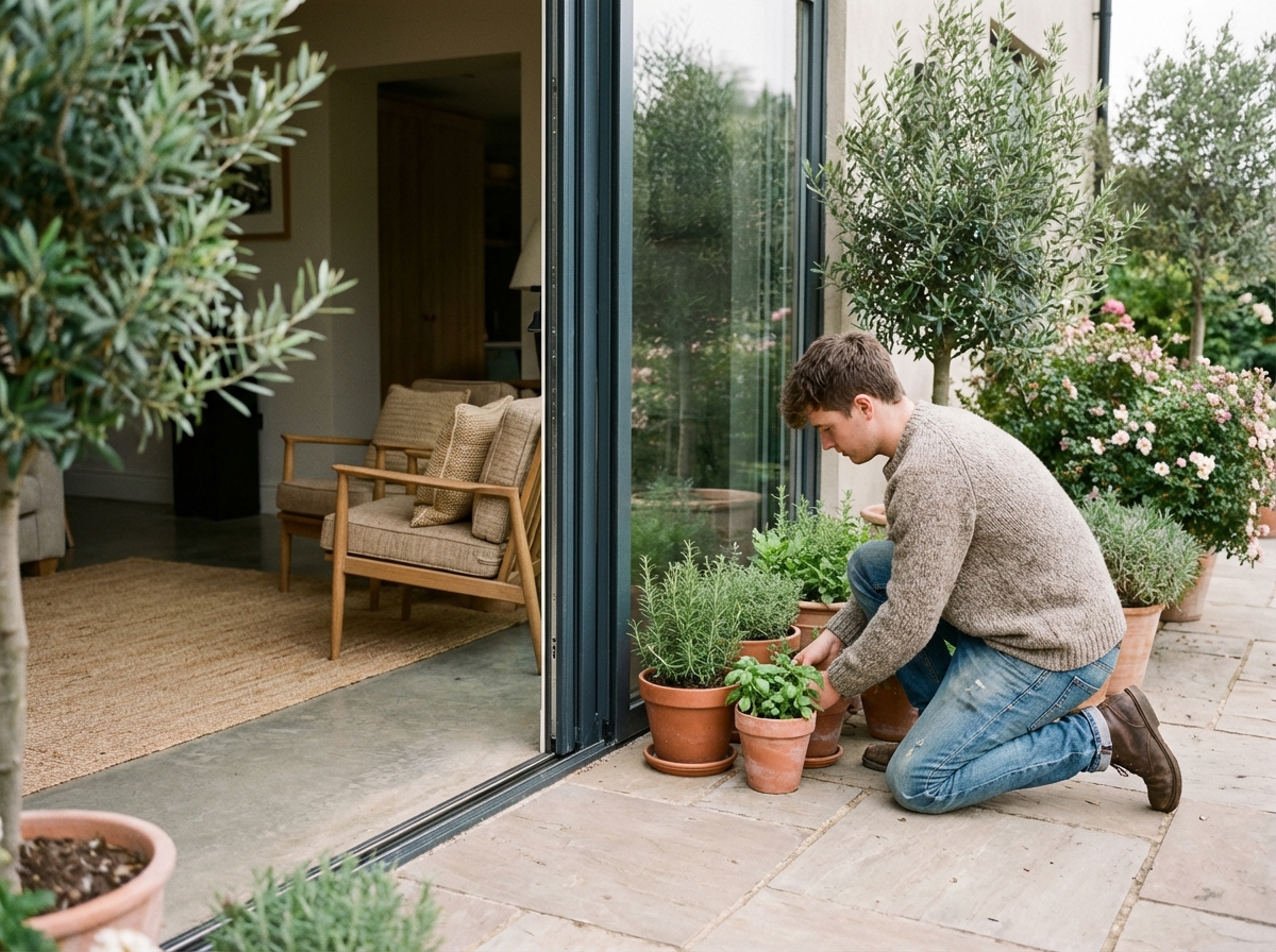 Jeune homme arrangeant des pots d