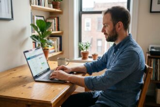 Jeune homme professionnel utilisant un calculateur de prêt immobilier