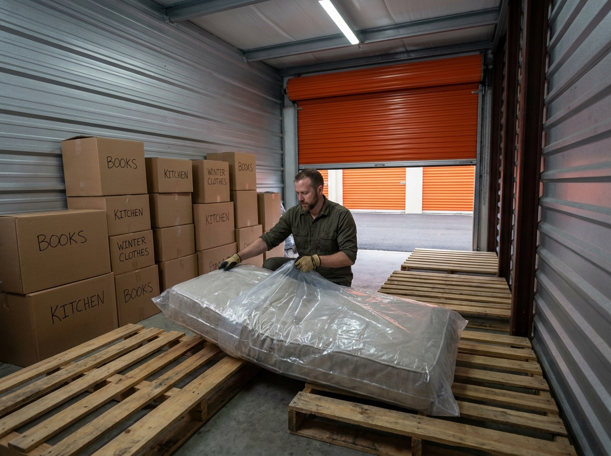Homme rangeant un canapé protégé dans un box de stockage avec des palettes en bois au sol