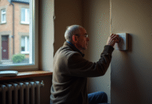 Homme d'âge moyen ajustant le thermostat dans un salon modeste