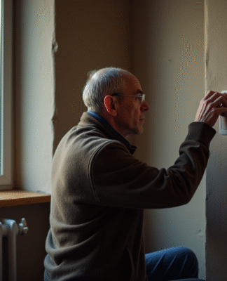 Homme d'âge moyen ajustant le thermostat dans un salon modeste