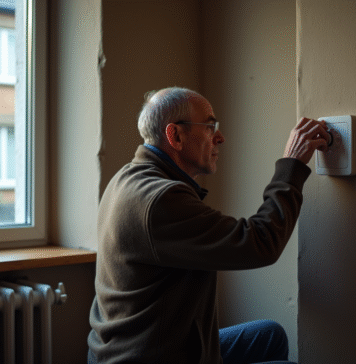 Homme d'âge moyen ajustant le thermostat dans un salon modeste