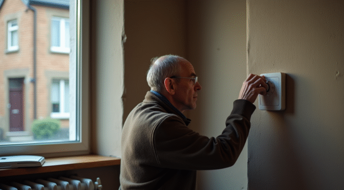 Homme d'âge moyen ajustant le thermostat dans un salon modeste