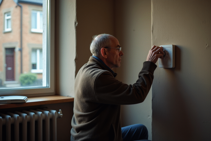 Homme d'âge moyen ajustant le thermostat dans un salon modeste