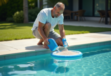Homme d'âge moyen verse du chlore dans une piscine extérieure