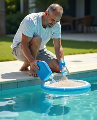 Homme d'âge moyen verse du chlore dans une piscine extérieure