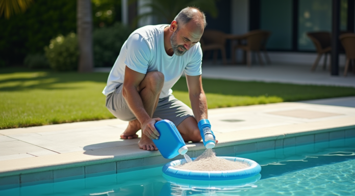 Homme d'âge moyen verse du chlore dans une piscine extérieure