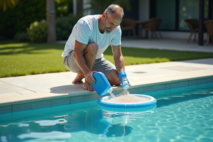 homme-rempli-chlore-piscine Homme d'âge moyen verse du chlore dans une piscine extérieure