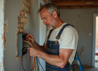 Prix refaire électricité maison : coût total et estimation travaux Homme inspectant une boîte électrique dans une pièce en rénovation