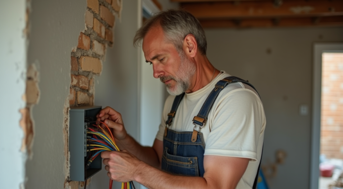 Homme inspectant une boîte électrique dans une pièce en rénovation