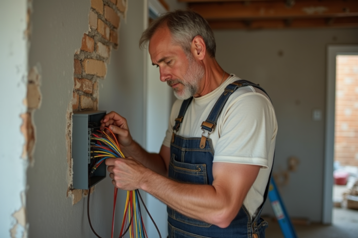 homme-renovation-fusee Homme inspectant une boîte électrique dans une pièce en rénovation