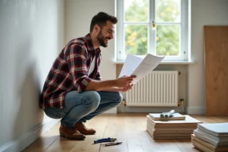 Homme souriant en plaid près d'un mur peint dans un salon