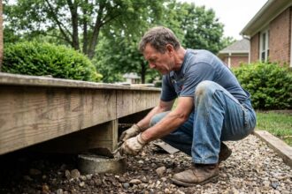 Homme en salopette inspectant la terrasse extérieure