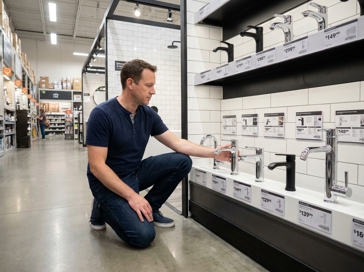 Homme inspectant les nouveaux robinets et accessoires salle de bain chez Castorama