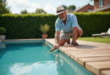 Prix installation terrasse fraîche : autour piscine, coût & conseils Homme souriant étudie le bois autour de la piscine