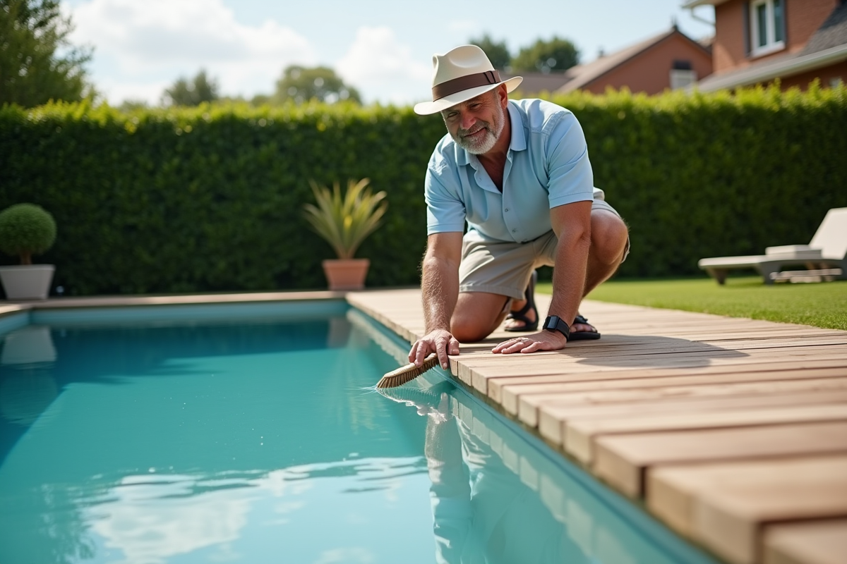 Homme souriant étudie le bois autour de la piscine