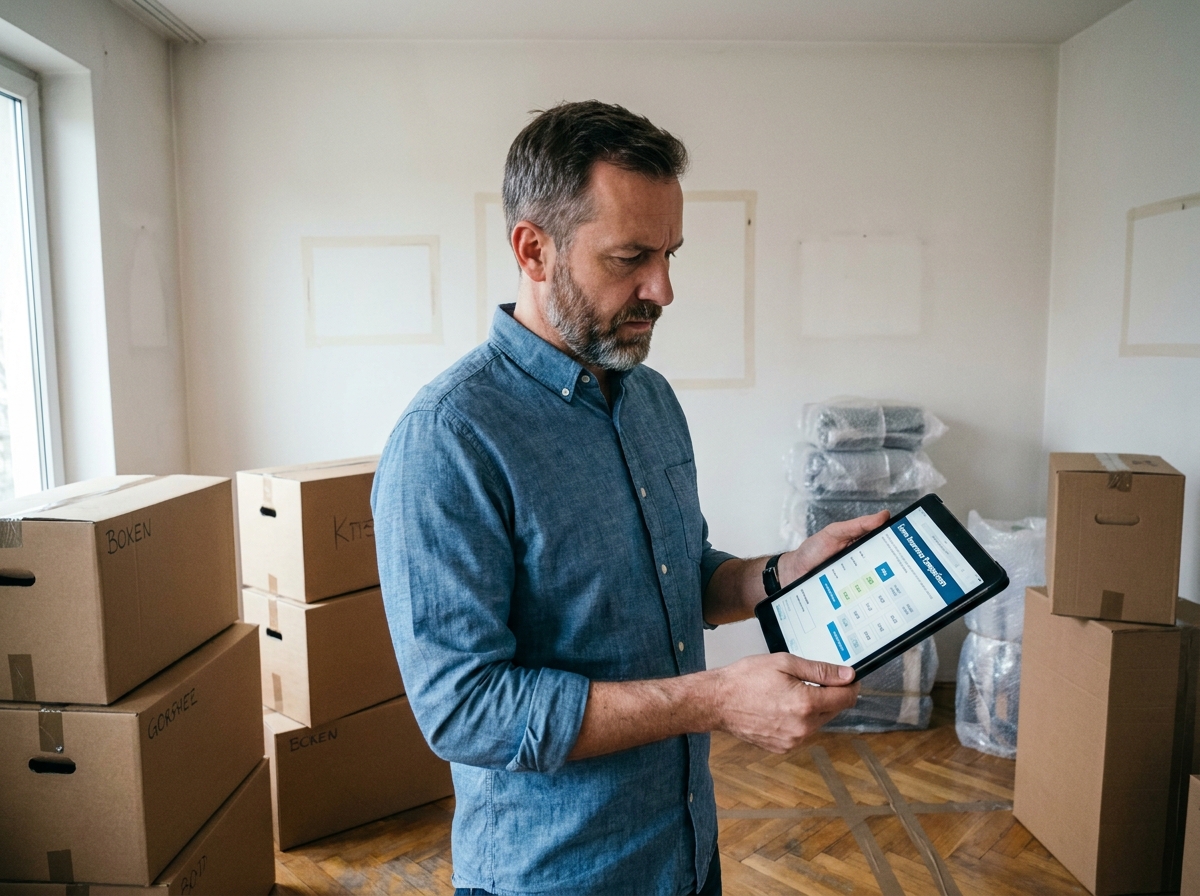 Homme consultant une comparaison d'assurances sur tablette dans un salon en cours de déménagement entouré de cartons
