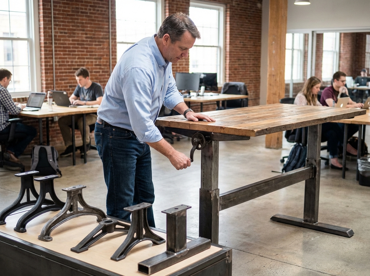 Homme ajustant un bureau industriel dans un espace de coworking
