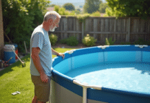 Homme vérifiant la piscine hors sol dans un jardin