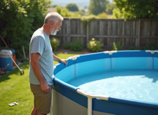 Durée idéale pour laisser sa piscine hors sol vide : tous nos conseils pratiques Homme vérifiant la piscine hors sol dans un jardin