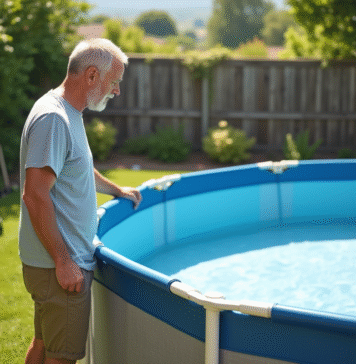 Homme vérifiant la piscine hors sol dans un jardin