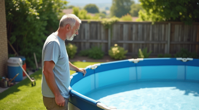 Homme vérifiant la piscine hors sol dans un jardin