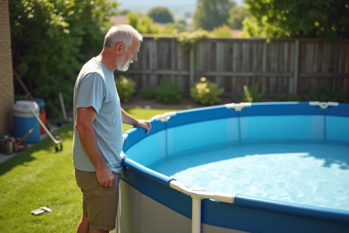 homme-verifiant-piscine-ete Homme vérifiant la piscine hors sol dans un jardin