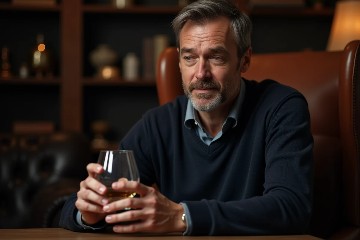 Homme tenant un verre à whisky en cristal soufflé à la main avec finition fumée tendance design 2026 dans un bureau cosy