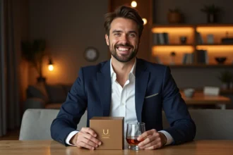 Homme souriant présentant un coffret whisky élégant dans un salon chaleureux