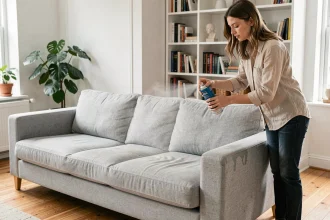 Femme appliquant un imperméabilisant en spray sur un canapé en tissu gris dans un salon familial moderne