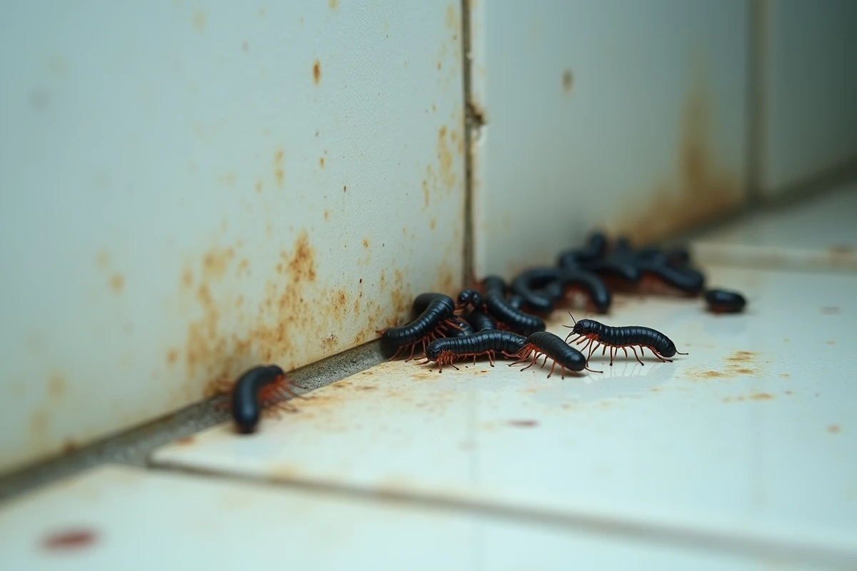 Insectes noirs microscopiques autour d'un joint de baignoire fissuré dans une salle de bain humide