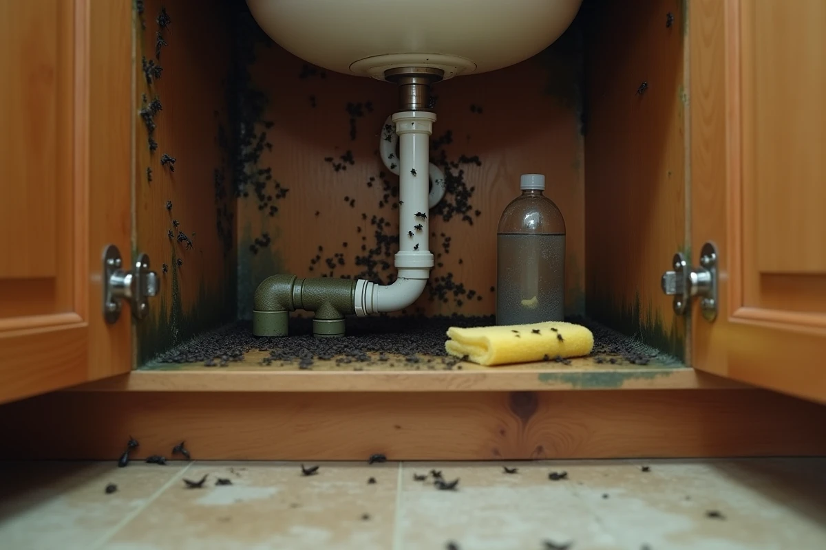 Placard sous évier humide infesté d'insectes noirs avec fuite de tuyau et bois gonflé par l'humidité