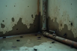 Insectes noirs et moisissures dans un sous-sol humide avec condensation sur les murs en béton