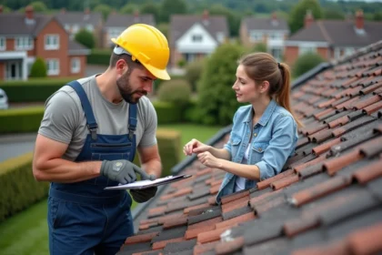 Homme en casque jaune et salopette pointant vers des tuiles endommagées sur un toit résidentiel