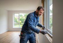 Fenêtres sur mesure : comment cela fonctionne-t-il ? Installateur de fenêtres en action dans un salon moderne