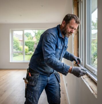 Fenêtres sur mesure : comment cela fonctionne-t-il ? Installateur de fenêtres en action dans un salon moderne