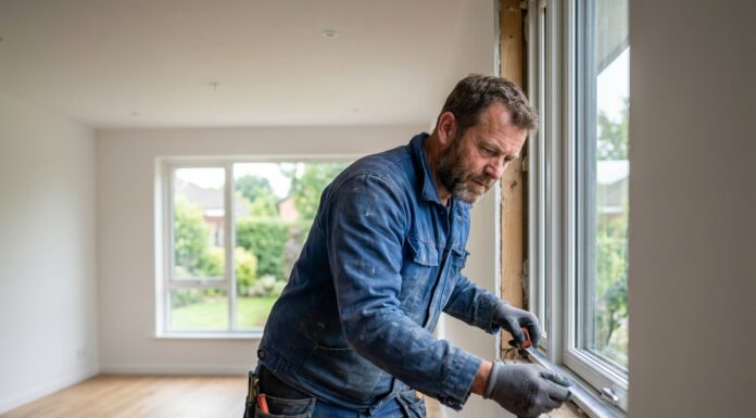 Installateur de fenêtres en action dans un salon moderne