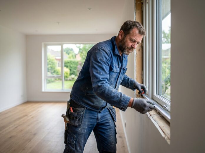 Installateur de fenêtres en action dans un salon moderne