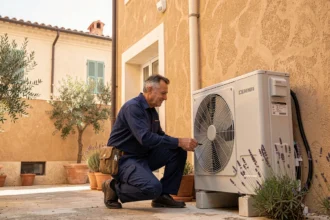 Technicien installant une pompe à chaleur sur la façade d'un immeuble résidentiel à Marseille