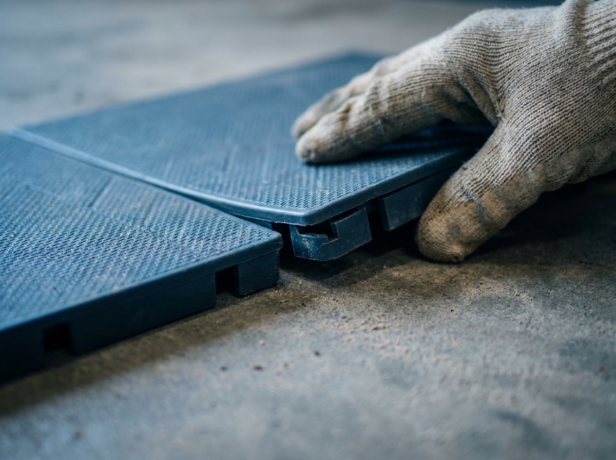 Gros plan sur l'assemblage de dalles de sol clipsables pour garage avec mécanisme d'emboîtement visible