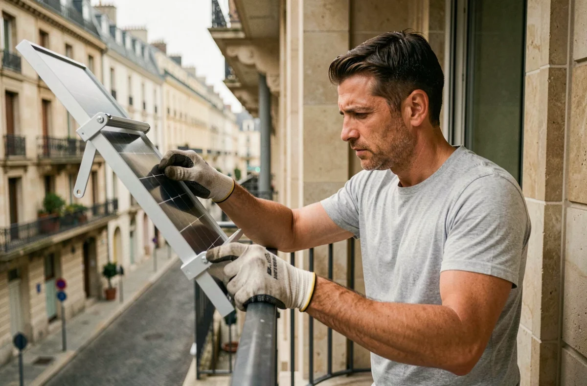 Homme installant un support de panneau solaire sur la rambarde d'un balcon d'immeuble ancien en pierre