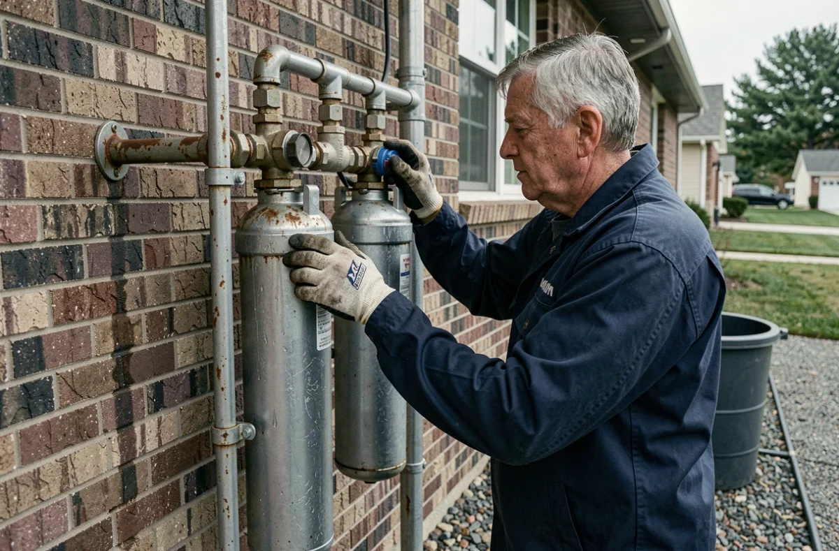 Homme installant un système de filtration d'eau de pluie extérieur sur la façade d'une maison