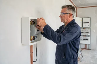 Électricien installant une gaine technique de logement neuve dans un appartement en construction