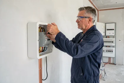 Électricien installant une gaine technique de logement neuve dans un appartement en construction