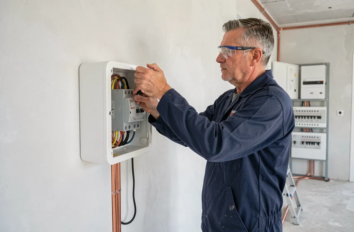 Électricien installant une gaine technique de logement neuve dans un appartement en construction