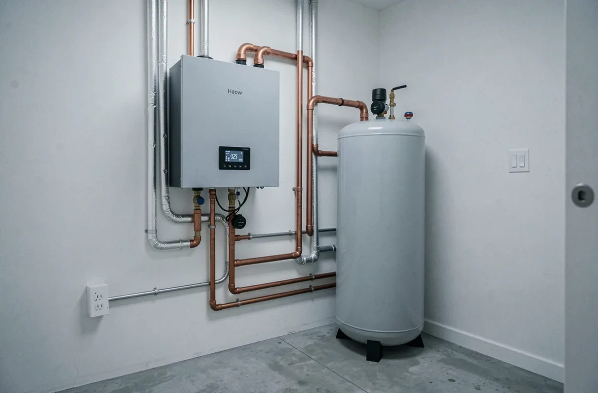 Installation intérieure d'une pompe à chaleur air-eau avec ballon d'eau chaude et panneau de commande numérique