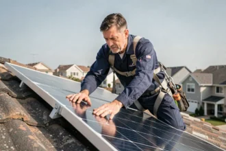 Technicien EDF ENR installant un panneau solaire sur un toit de maison individuelle