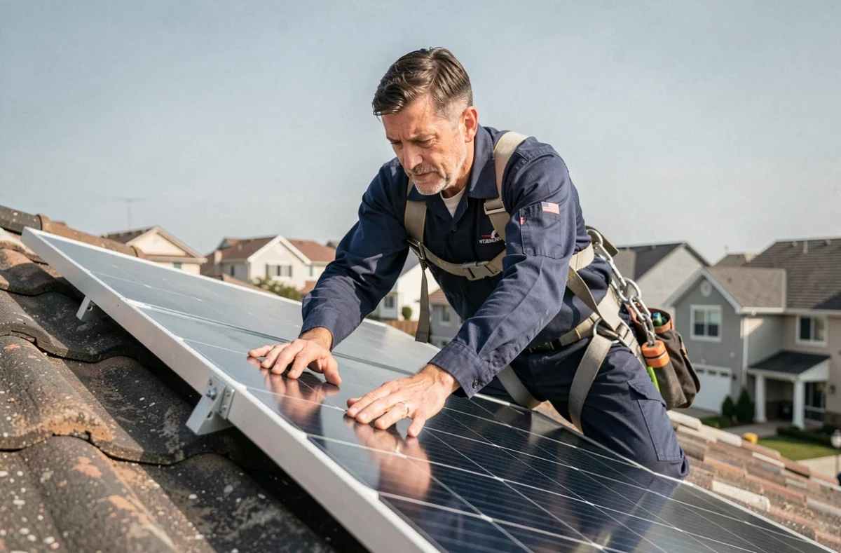 Technicien EDF ENR installant un panneau solaire sur un toit de maison individuelle